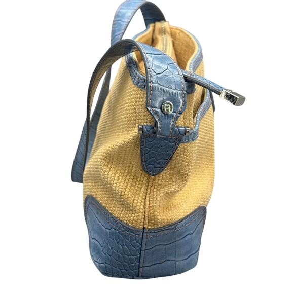 Etienne Aigner Vintage Summer Straw Basket Weave Blue Croc Trim Purse - Picture 6 of 11